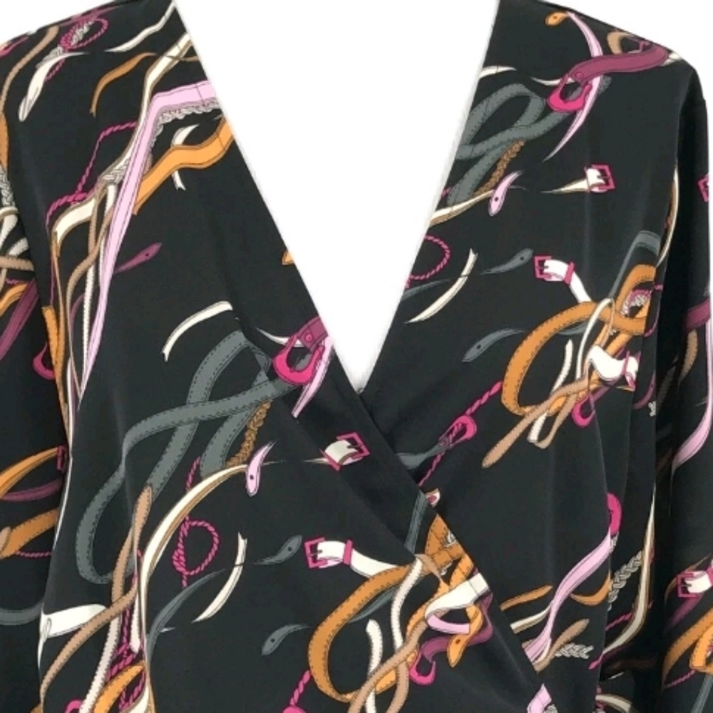 Nine West Wrap Blouse Belt Print Black Multicolor Top Size L - Picture 4 of 8